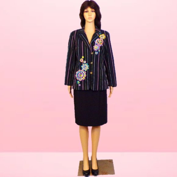 BOB MACKIE WEARABLE ART size M blazer black + multicolor stripes & embroidery - Picture 2 of 16